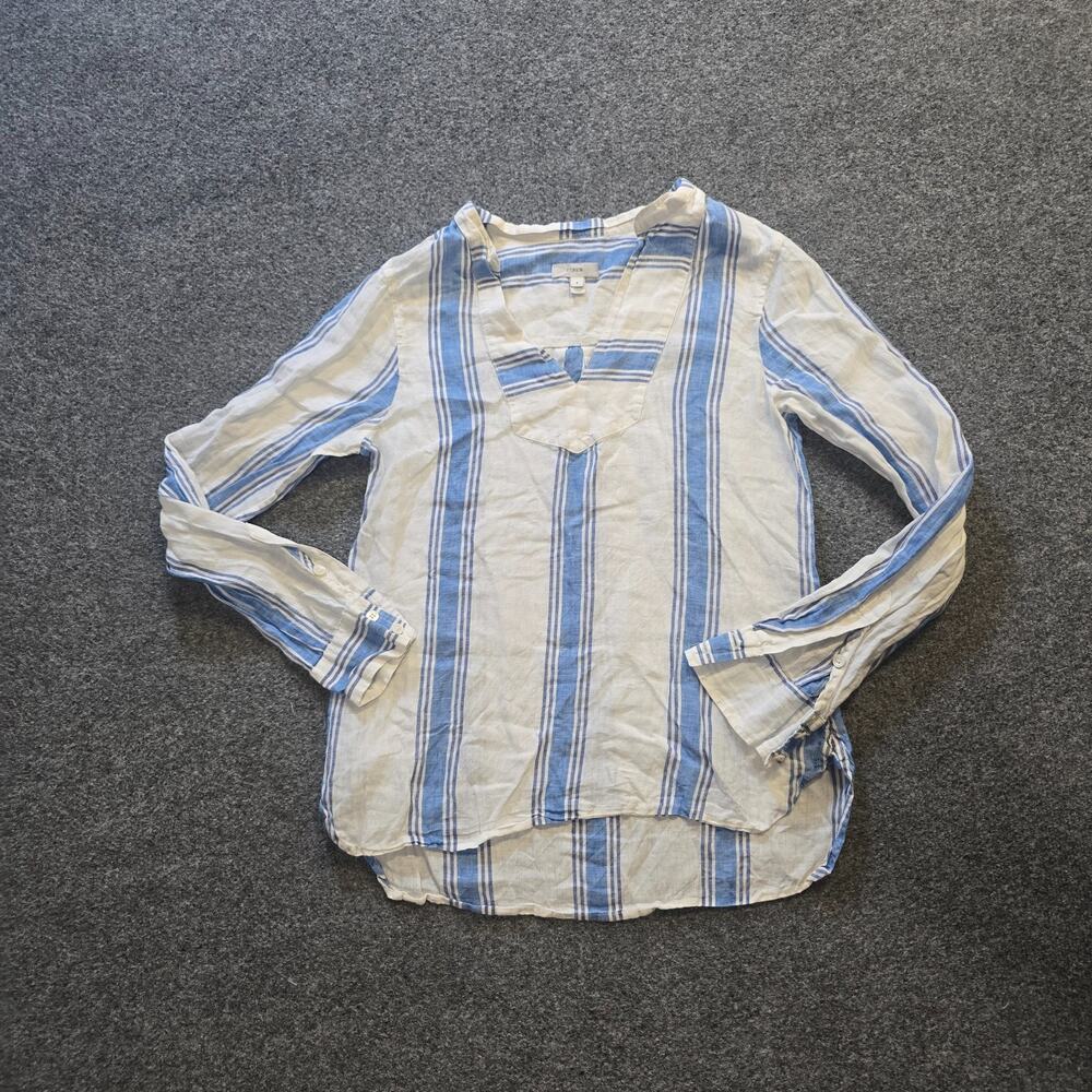 J Crew Top Womens 2 White Blue Striped Tunic Long Sleeve Popover Casual Preppy